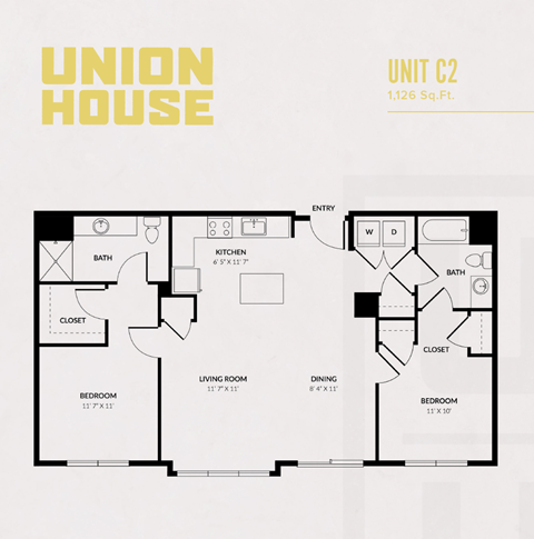 A floor plan of a Union House apartment unit with a living room, two bedrooms, a kitchen, a dining area, and a bathroom.